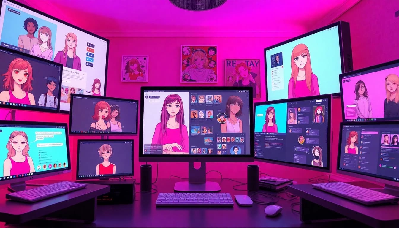 Engaging digital scene illustrating the best NSFW AI platforms with interactive character designs and lively discussions.