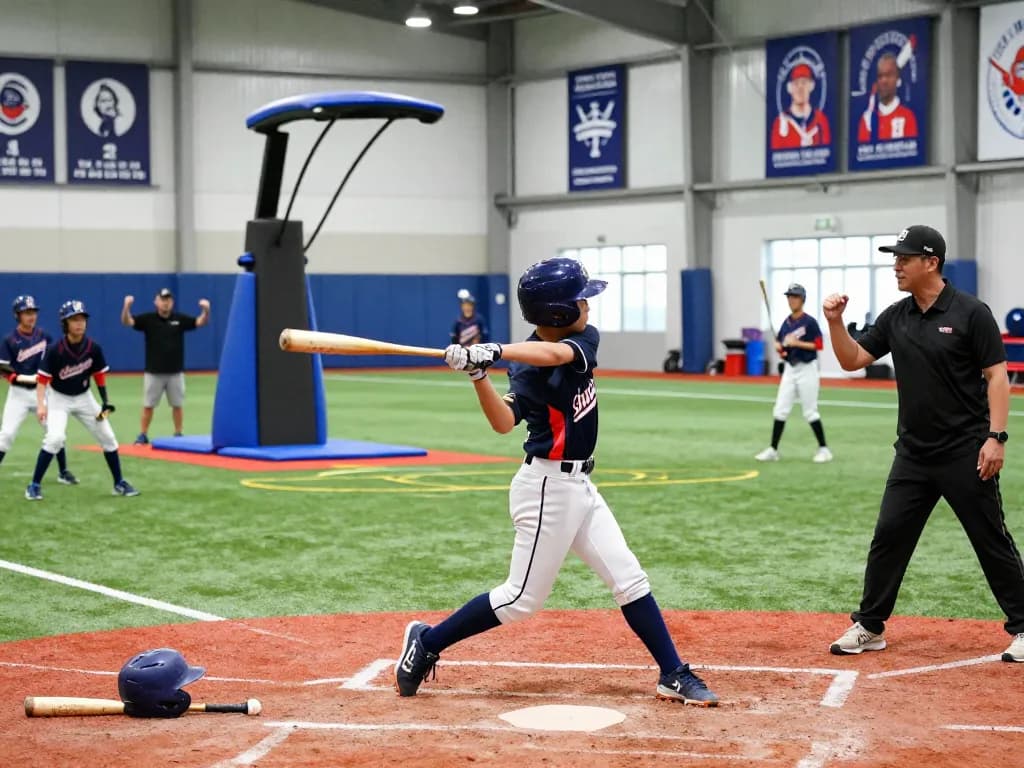 Young athlete swinging a bat in a hit club practice session with training gear.