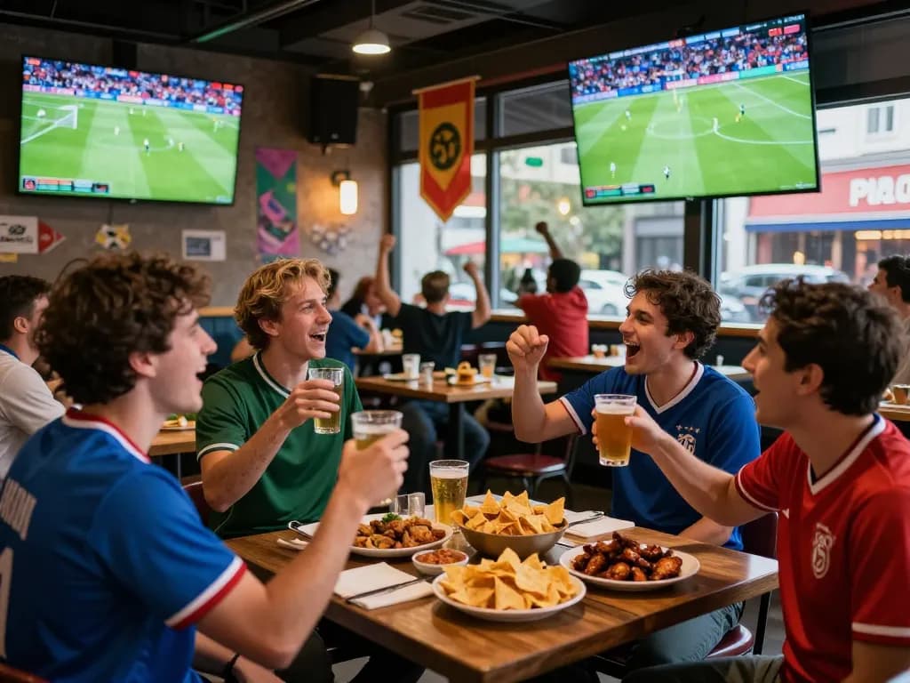 CakhiaTV brings fans together in an energetic sports bar, enjoying live soccer matches with drinks and snacks.