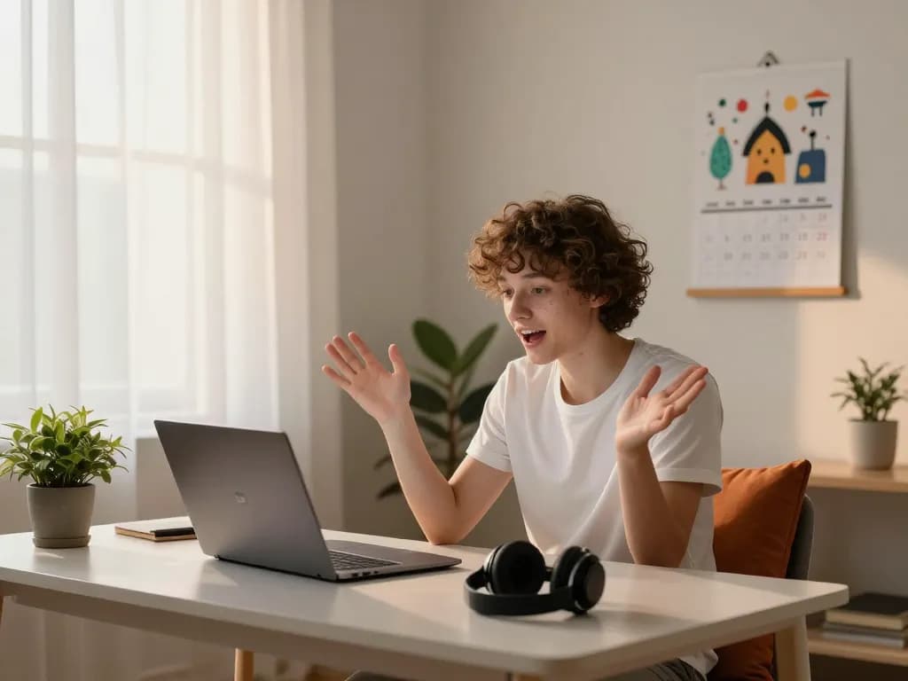 Engaging in an ai porn chat on a sleek laptop in a cozy home office atmosphere.