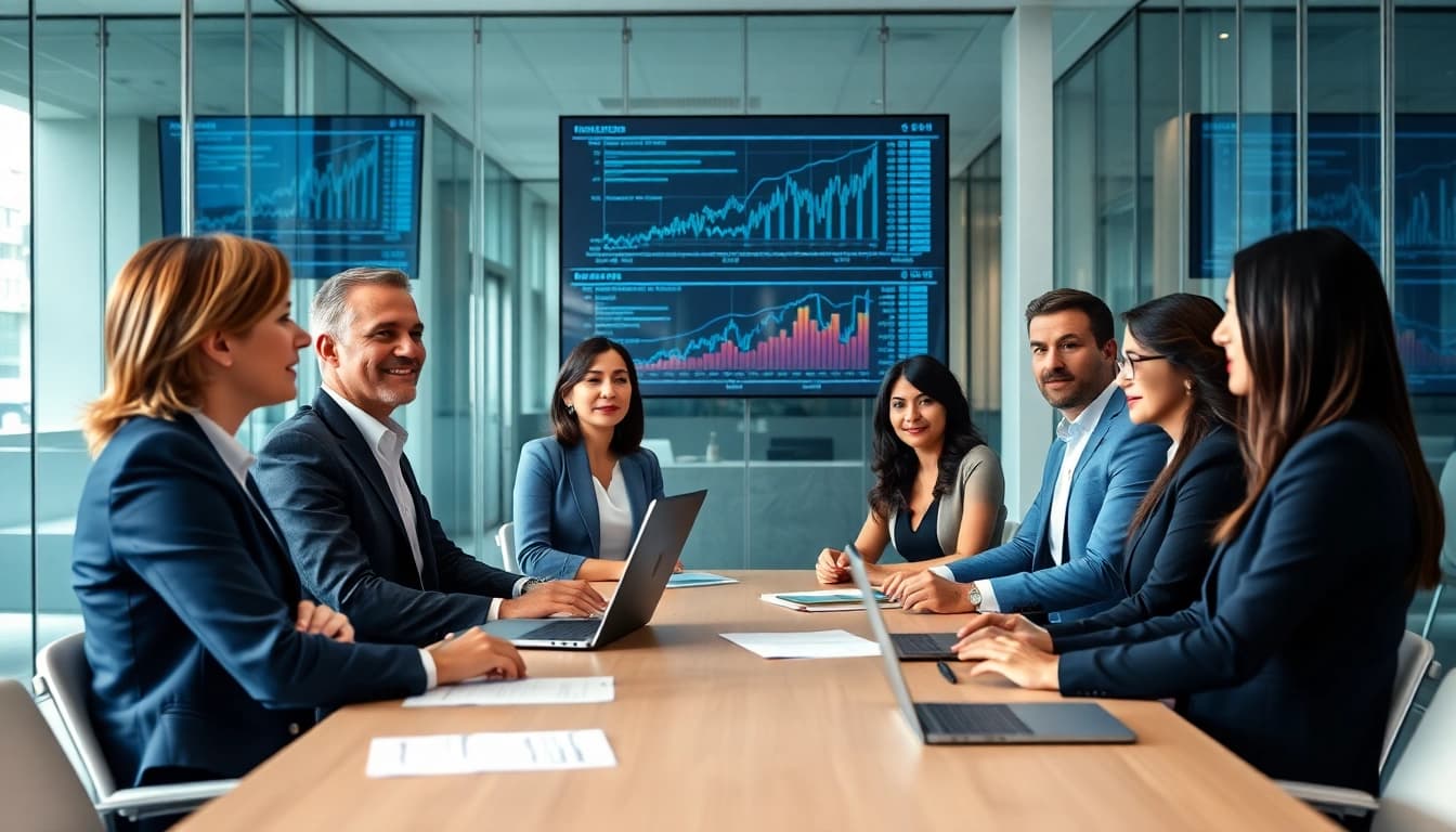 business professionals discussing mergers and acquisitions in the US in a modern office setting