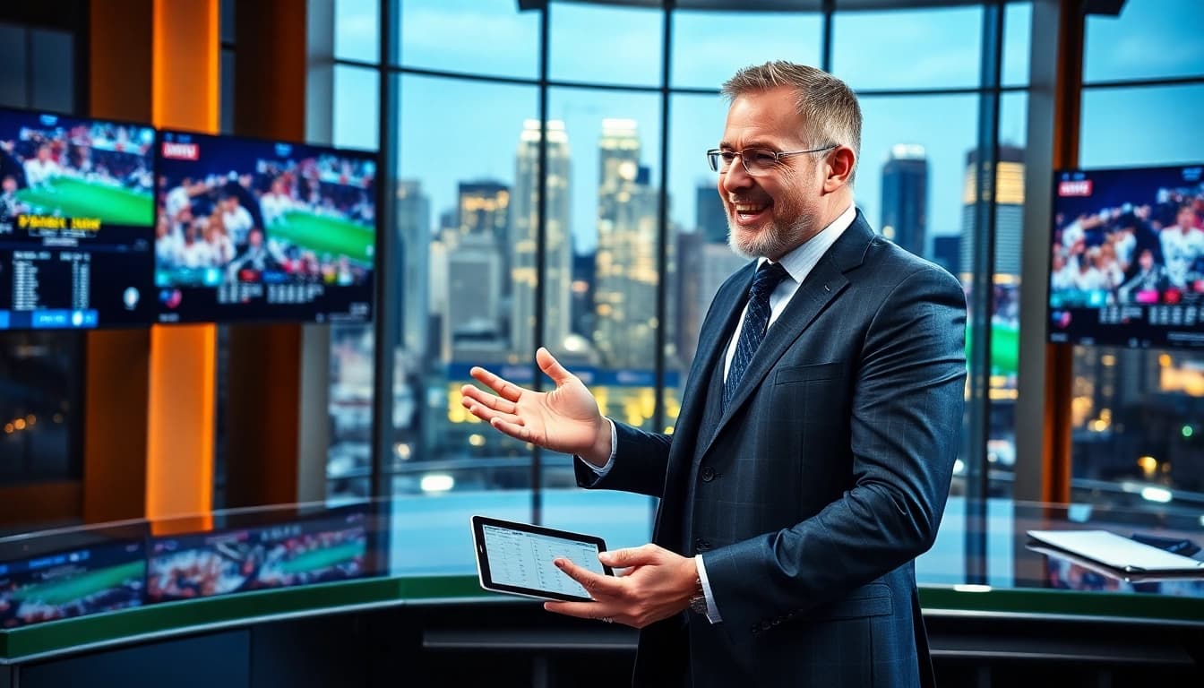 Engaging sports broadcasting scene with a passionate commentator and vibrant studio atmosphere.