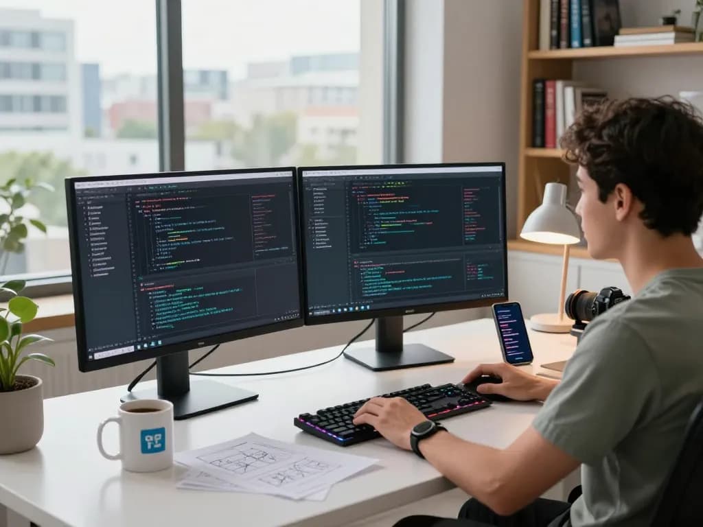 Molt bot central in a dynamic software development workspace with dual monitors and collaborative elements.