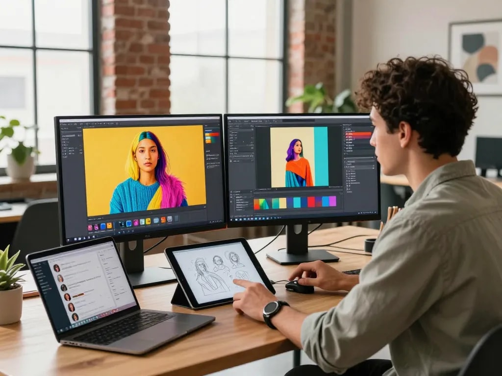 Creative workspace with dual monitors displaying Nano Banana 2 AI image editor, showcasing vibrant designs and a collaborative atmosphere.