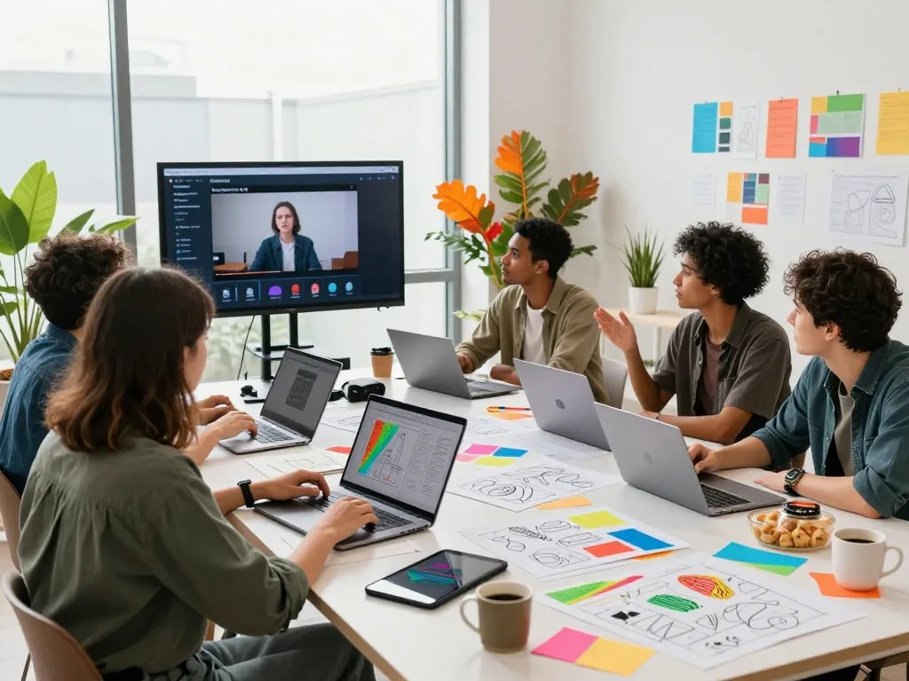 Diverse content creators collaborating in a modern studio, showcasing Seedance AI's innovative video generation.