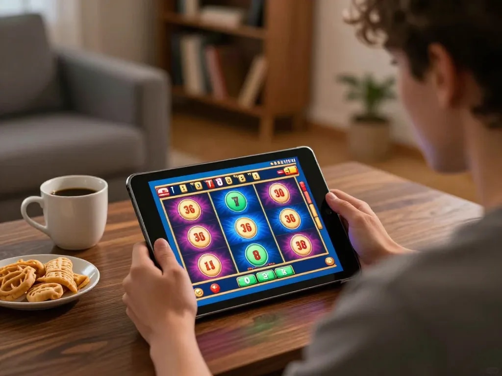Engaging in online casino at https://tip88xyz.com/, with vibrant tablet display and cozy atmosphere.