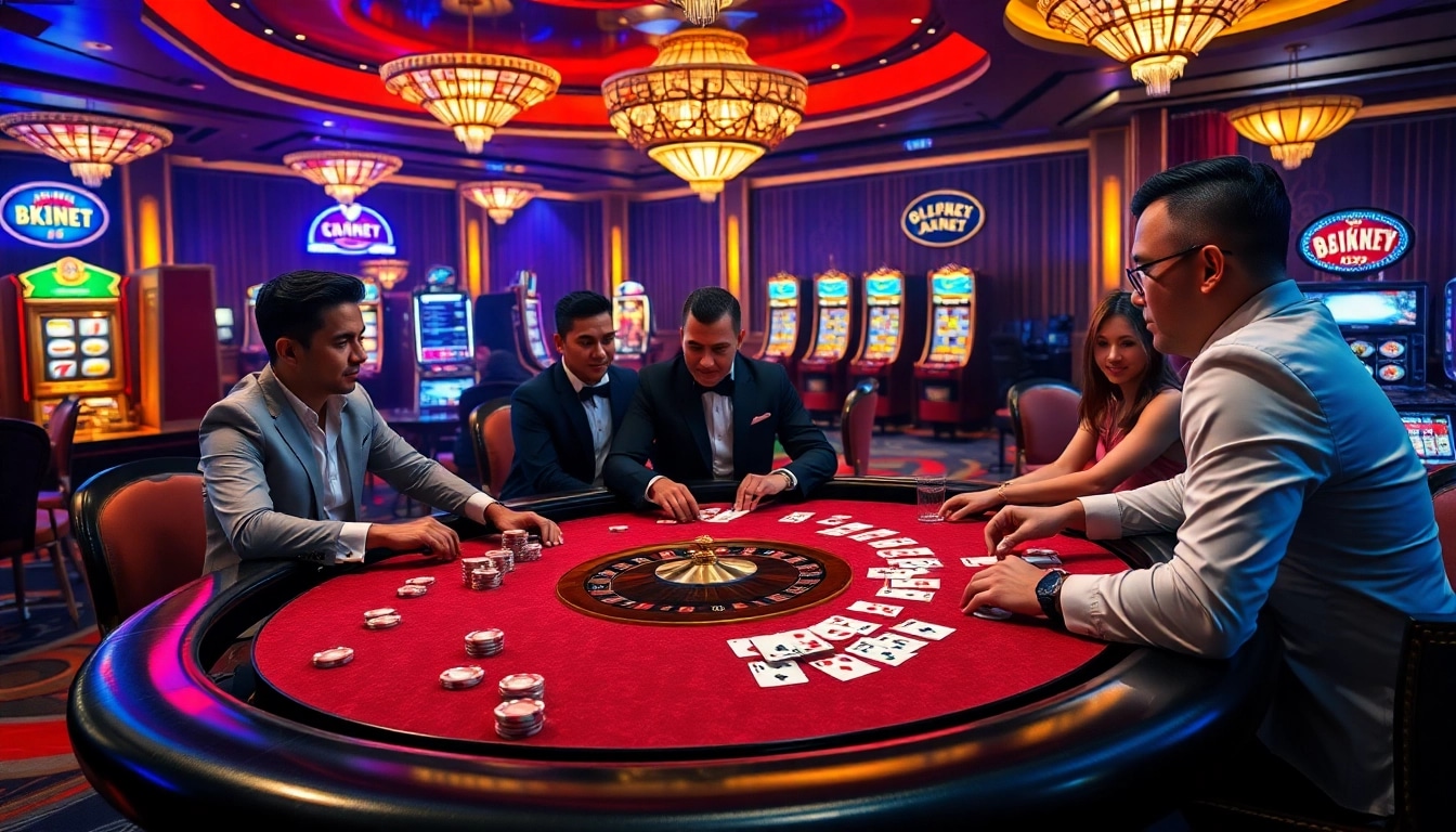 A professional poker scene at 8kbet.ngo showcasing excitement in luxury casino settings.