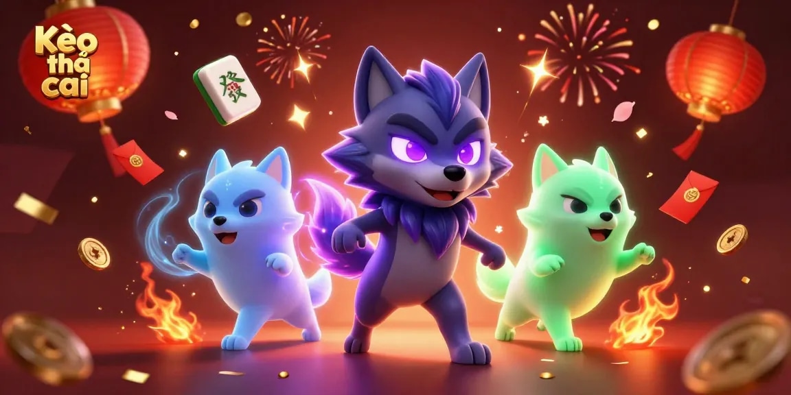 Engaging Kèo nhà cái scene with a mystical wolf pack leader amidst vibrant gambling elements and festive atmosphere.