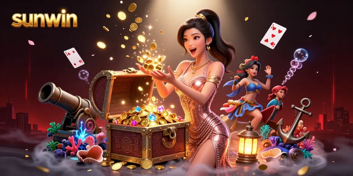 Experience the thrill of sunwin with a treasure chest overflowing in a vibrant casino landscape.