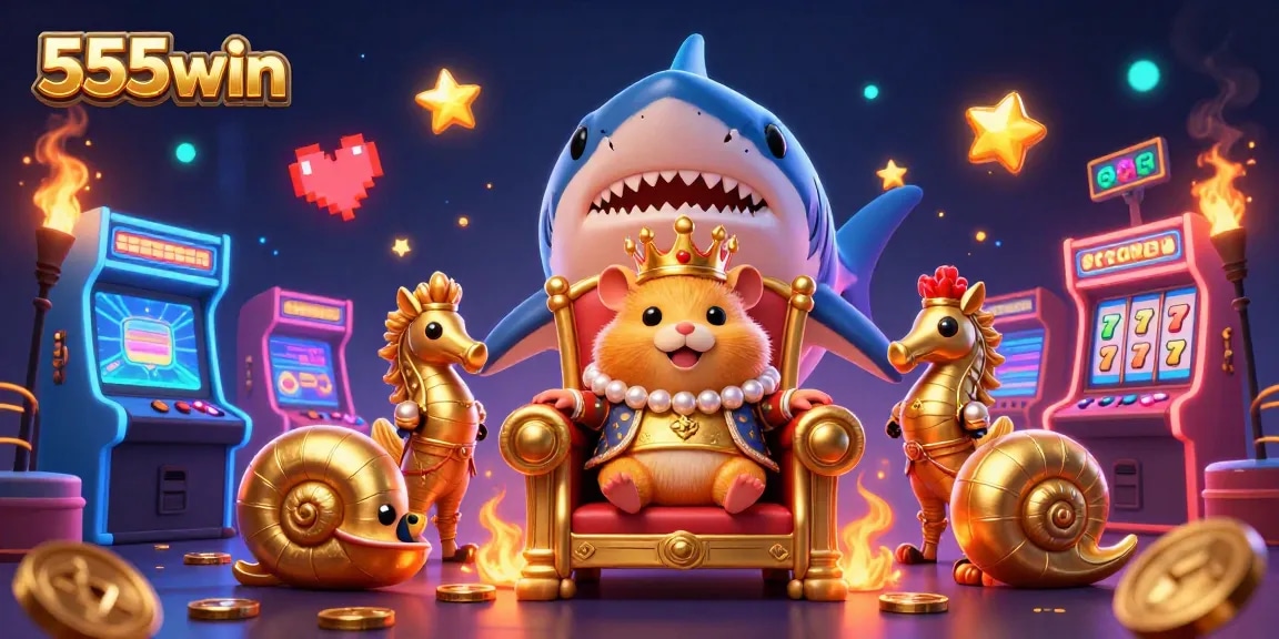 Join the excitement at 555win with a vibrant 3D casino scene featuring slots, colorful characters, and gaming elements.