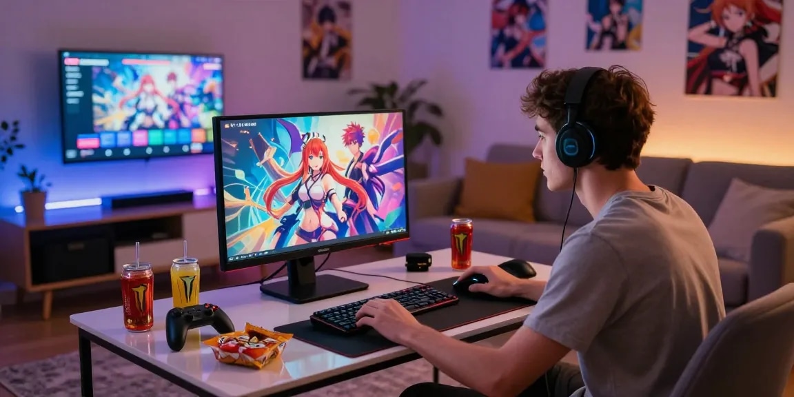 Engaged gamer playing a vibrant hentai game in a stylish living room, showcasing gaming setup and anime decor.