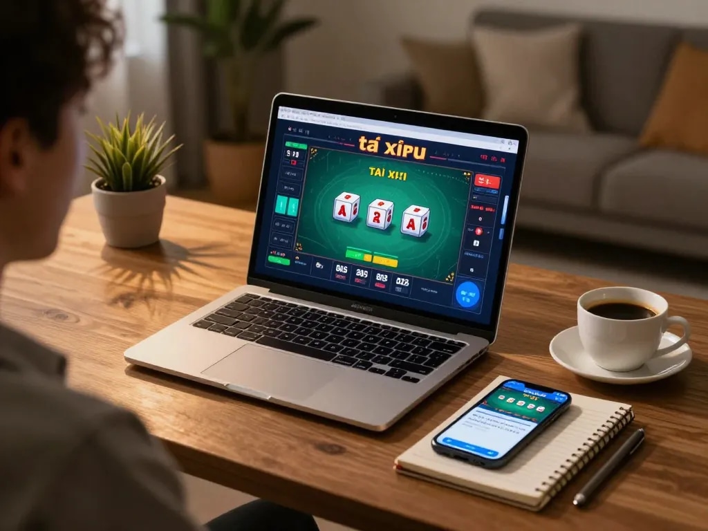 Engaging in a game of tài xỉu at home, showcasing a stylish laptop with betting options and notes at a cozy gaming setup.