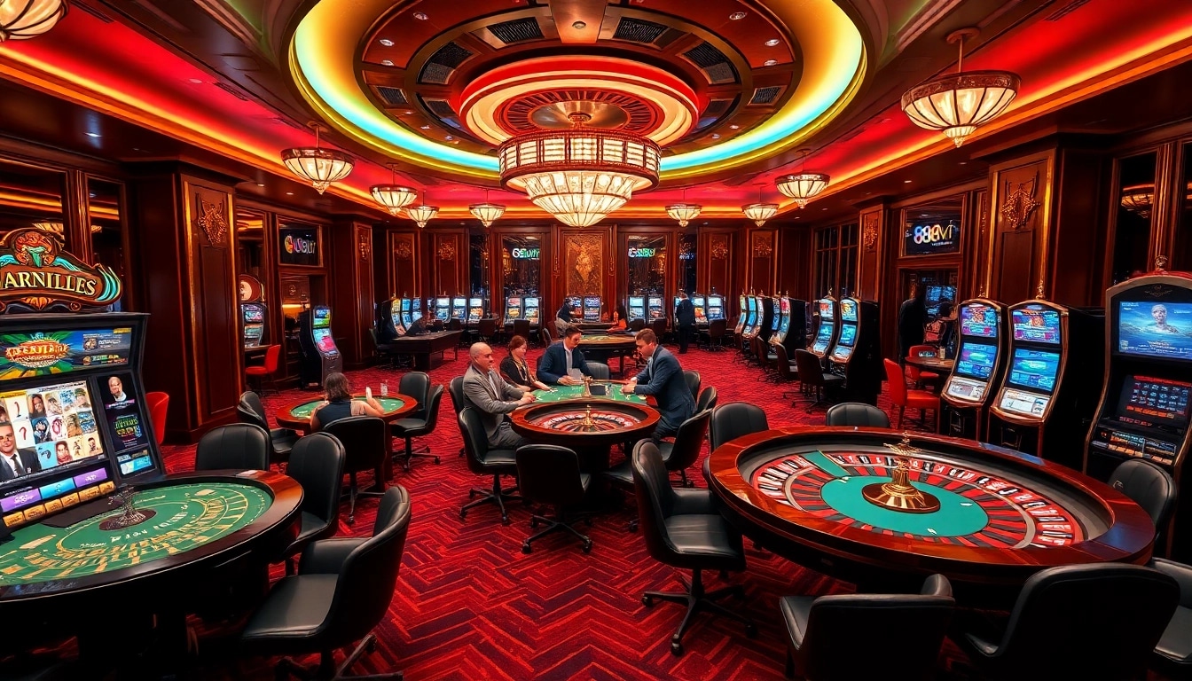 Players enjoying a thrilling gaming experience at 888vi casino, showcasing poker tables and slot machines.