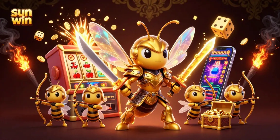 Engage in thrilling gameplay with sun win, featuring vibrant 3D illustrations of a golden hornet samurai and a dynamic casino environment.