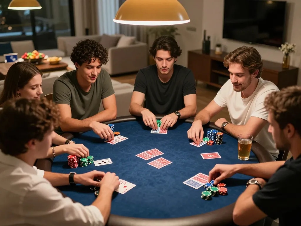 Friends enjoying Texas Hold'em at home poker night while using gamebaidoithuong8 for strategy insights