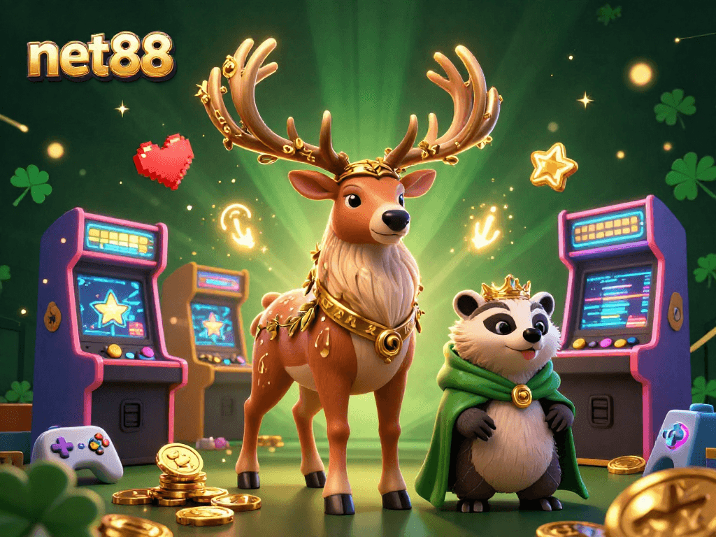 Engage with net88's vibrant 3D casino illustration showcasing a magical stag and wise badger surrounded by game elements.