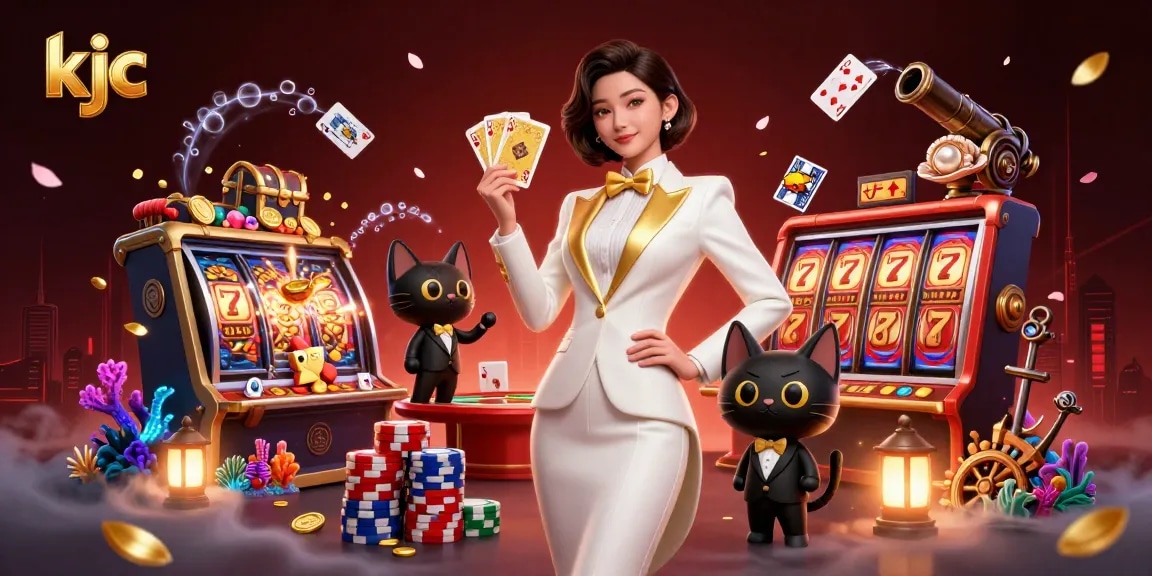 KJC engages with a vibrant casino atmosphere, showcasing thrilling slot games and glamorous characters.
