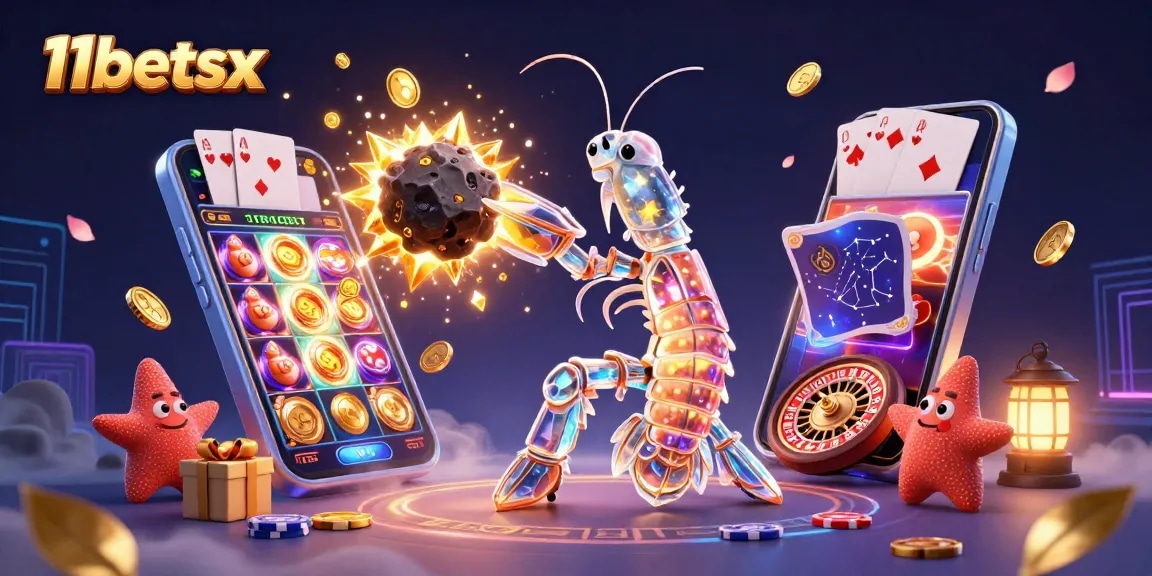 Experience thrilling wins at 11betsx with a vibrant scene of gaming and excitement, featuring colorful slots and golden treasures.