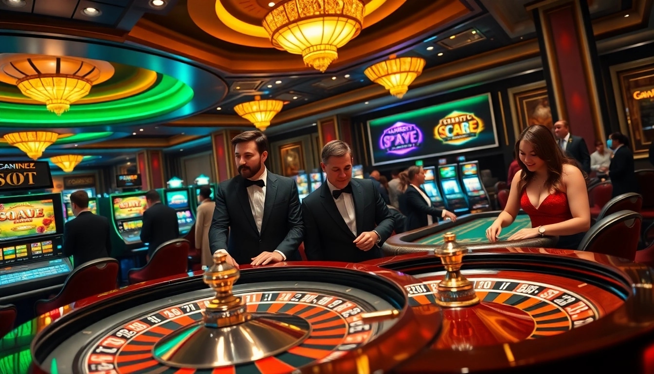 Experience the thrill of soibet live gaming with poker tables and roulette wheels in a luxurious casino.