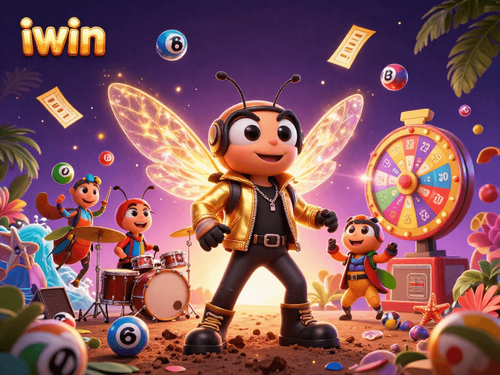 Engage with iwin's vibrant lottery scene featuring a cicada rock star and lively game elements.