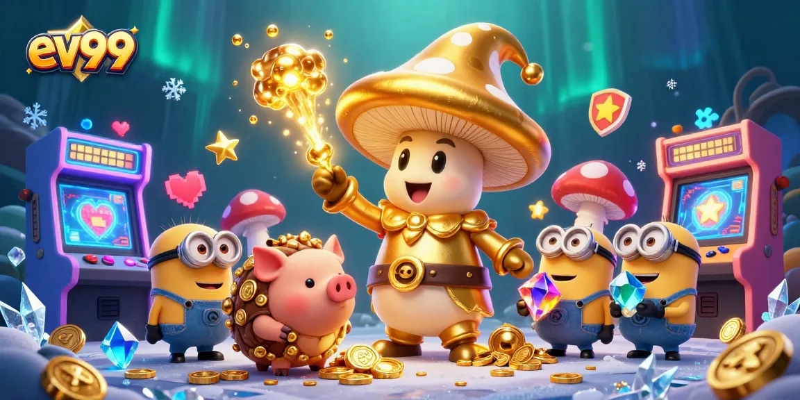 ev99 wizard casting gold magic while truffle pig finds treasure in vibrant casino scene