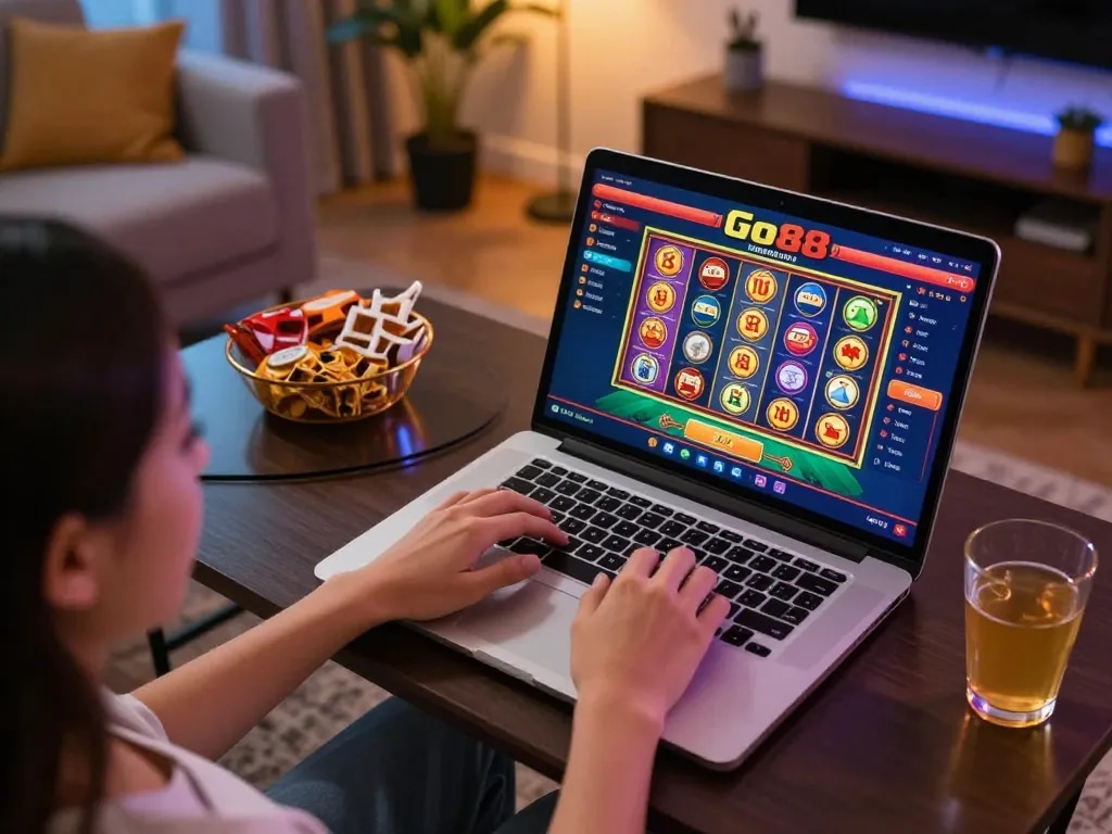 Engaging in online casino gaming at home with Go88, showcasing the vibrant interface and cozy setup.