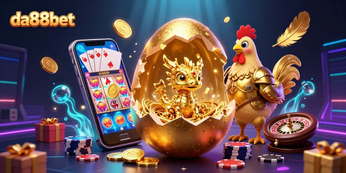 Experience the thrill of da88bet with a baby dragon and golden poker chips in a vibrant 3D casino illustration.
