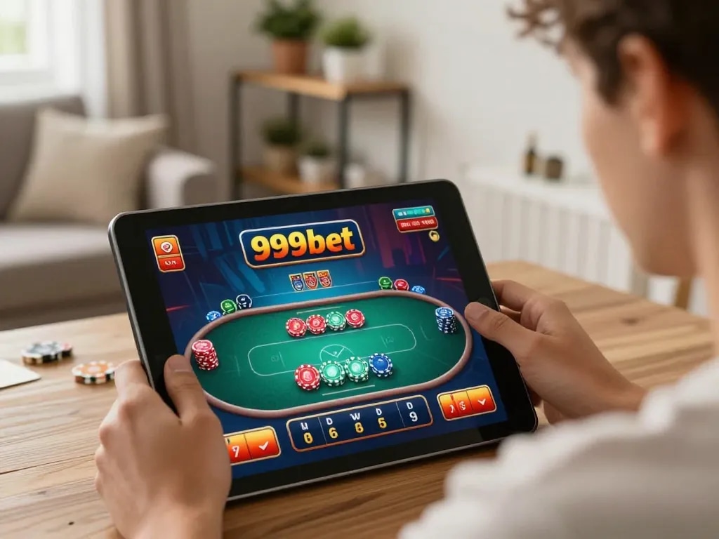 Engaging gameplay on 999bet poker interface from a cozy home setting, showcasing responsible gambling.