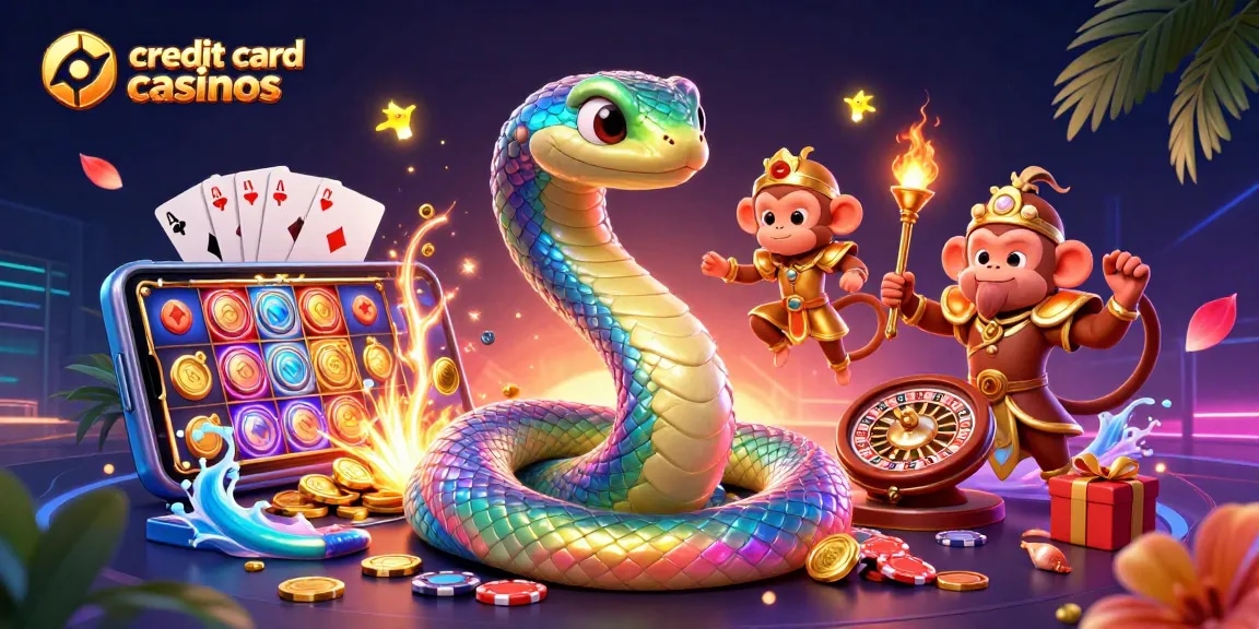 Engage in credit card casinos excitement with vibrant visuals showcasing gaming elements and characters.