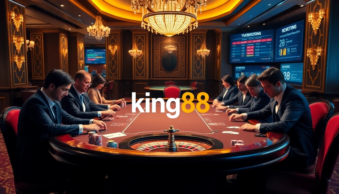 King88 poker game in a luxurious casino setting with vibrant chips and cards.