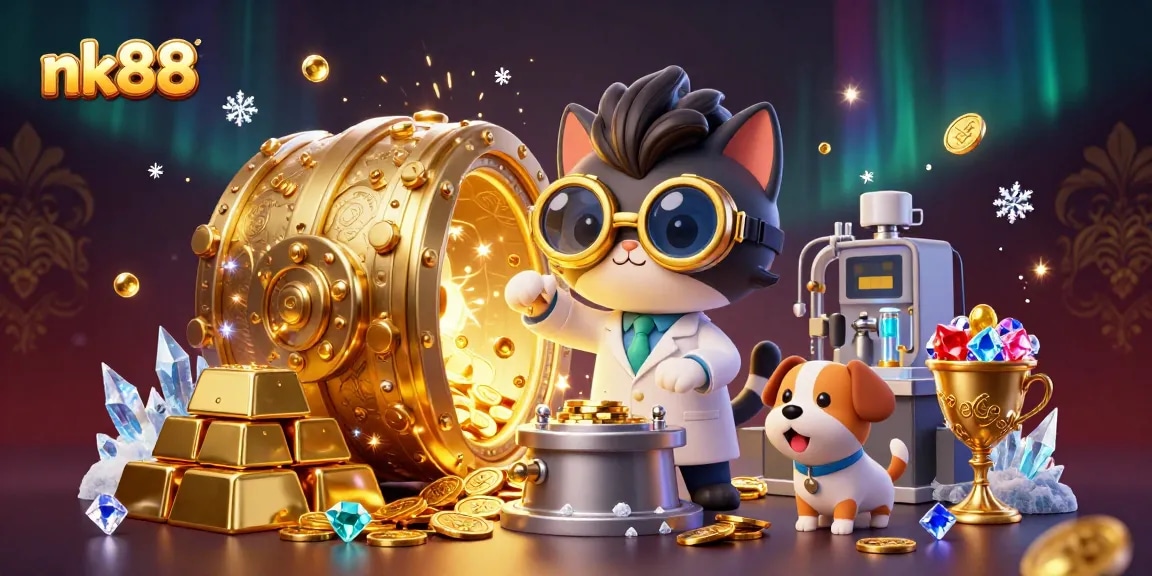 Experience thrilling gameplay with nk88's captivating jackpot scene featuring gold treasures and animated characters.
