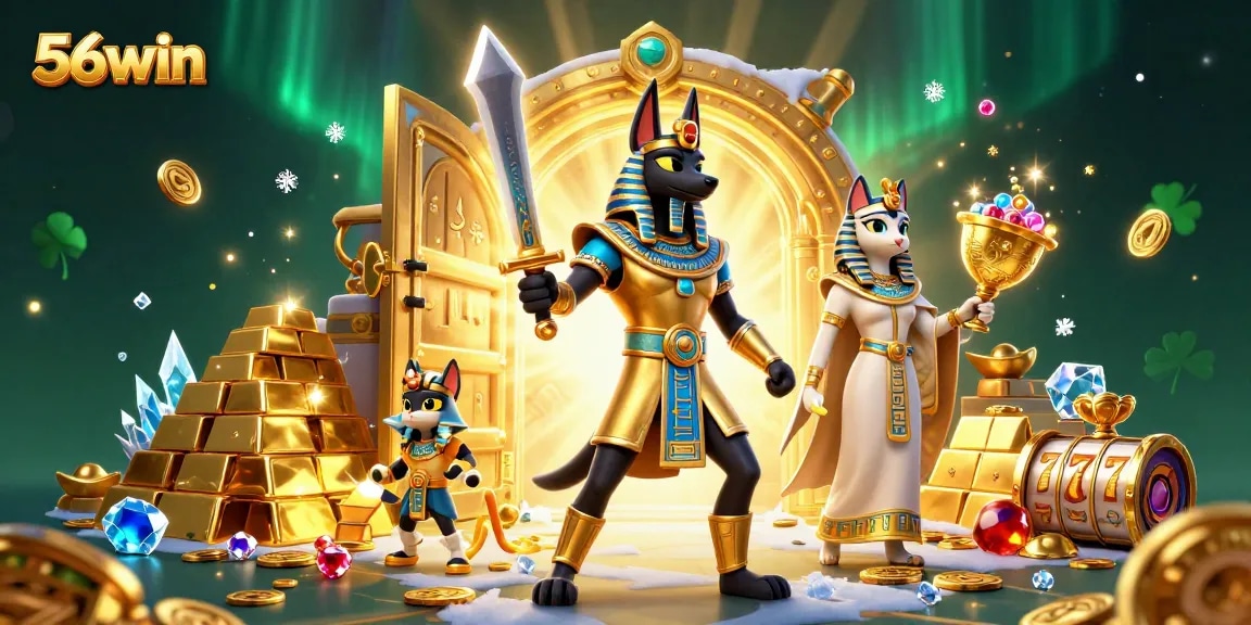 56win illustrates a thrilling casino adventure with Anubis and sparkling treasures amid rich gold details.