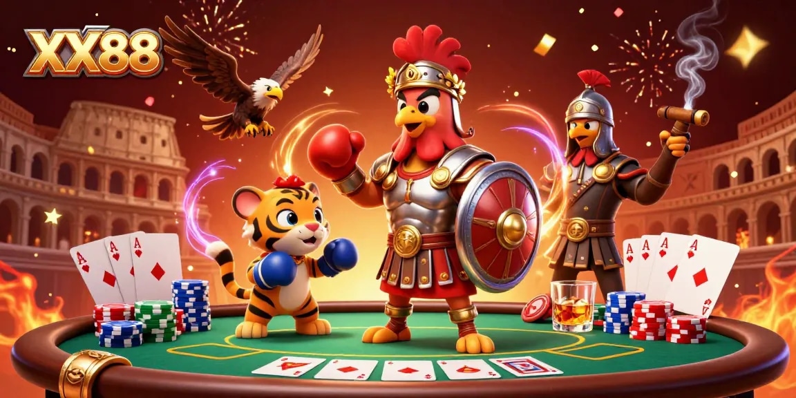 Engage in thrilling gameplay at XX88, with a vibrant casino scene featuring poker elements and animated characters in a festive arena.