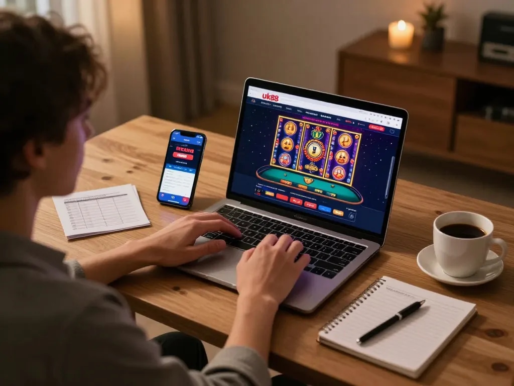 Person gaming on uk88's online casino platform at home, laptop and smartphone in view.