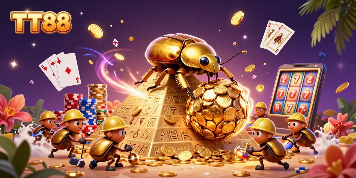 Win big with TT88 as golden beetles symbolize success in a vibrant casino scene.
