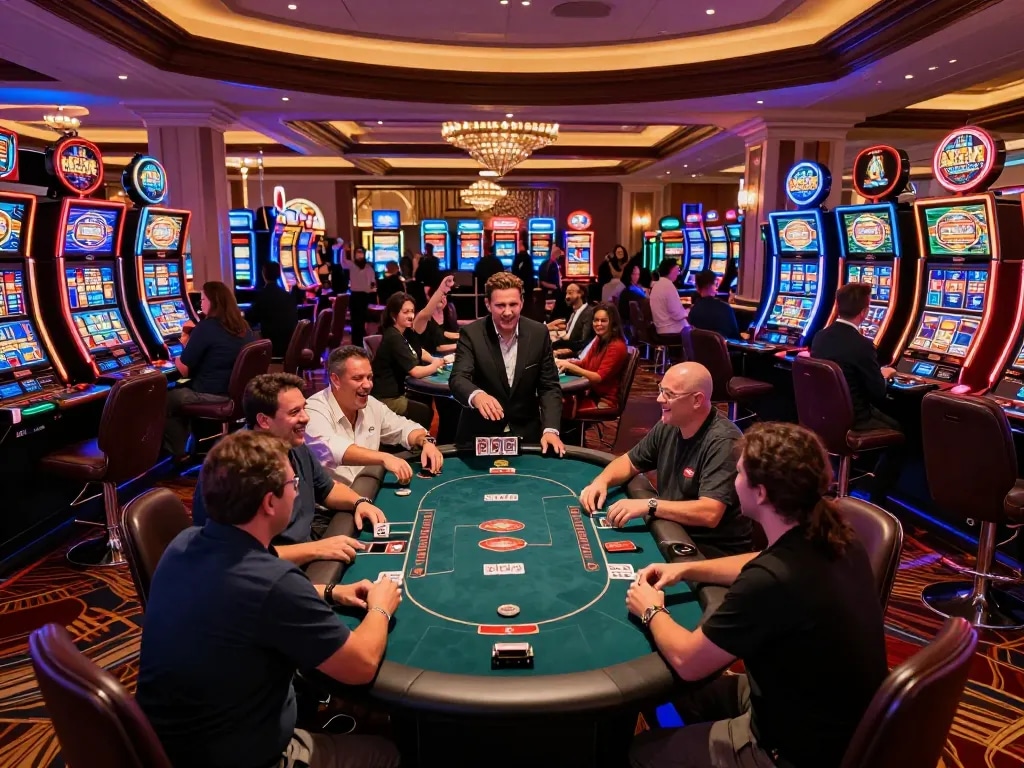 Players strategizing at a poker table in vibrant Las Vegas casino, highlighting lv88seo's gaming expertise.