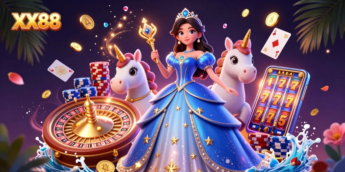 Experience the excitement of XX88 with a vibrant 3D casino illustration featuring enchanting characters and dynamic game elements.