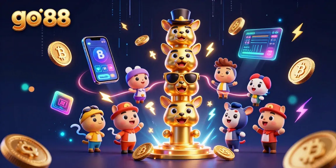 Spin with go 88 in a vibrant casino scene featuring unique 3D elements and characters.