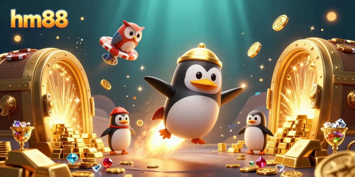 Experience the thrill of hm88 with a golden penguin and a poker chip casino in a vibrant 3D scene.