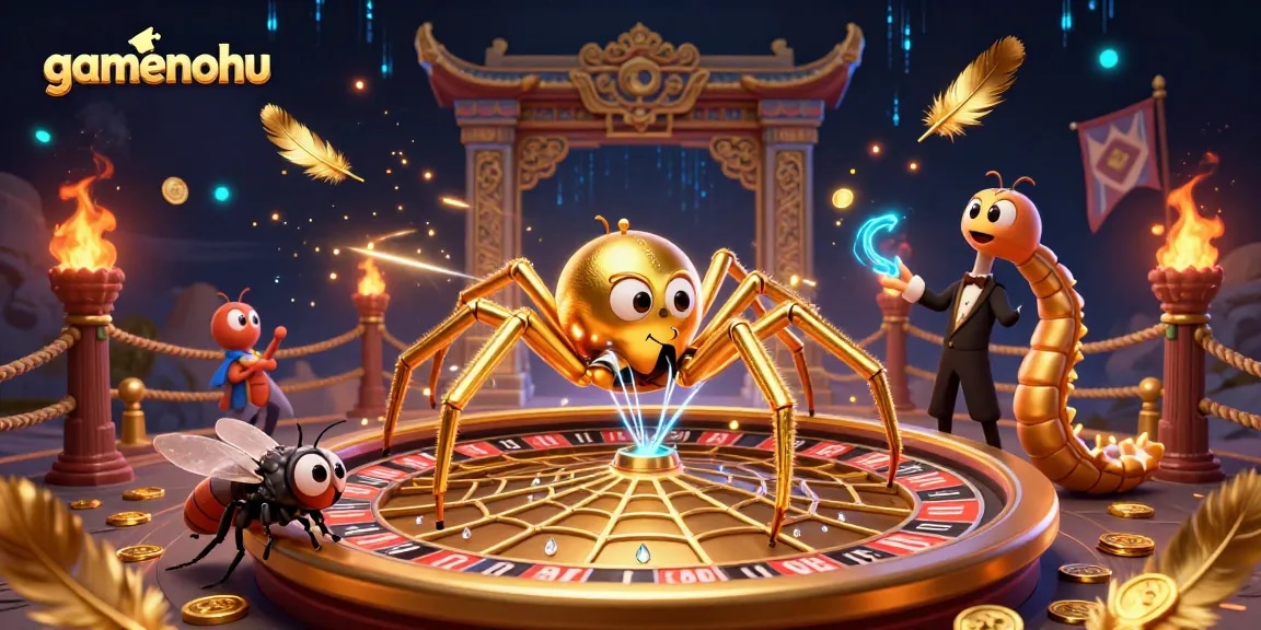 Experience gamenohu with animated golden spider and thrilling betting scene.
