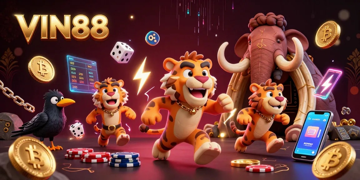 Engage with VIN88's prehistoric casino scene featuring a caveman and tiger duo among vibrant crypto elements.