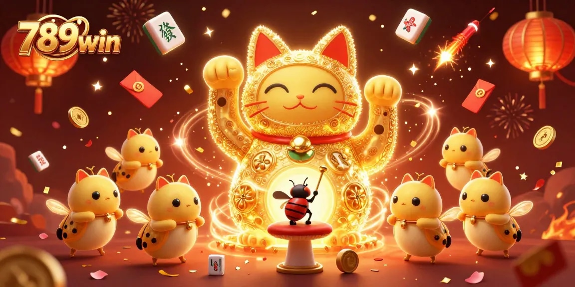 Engage in exhilarating 789win activities with a vibrant lucky cat and celebratory details.