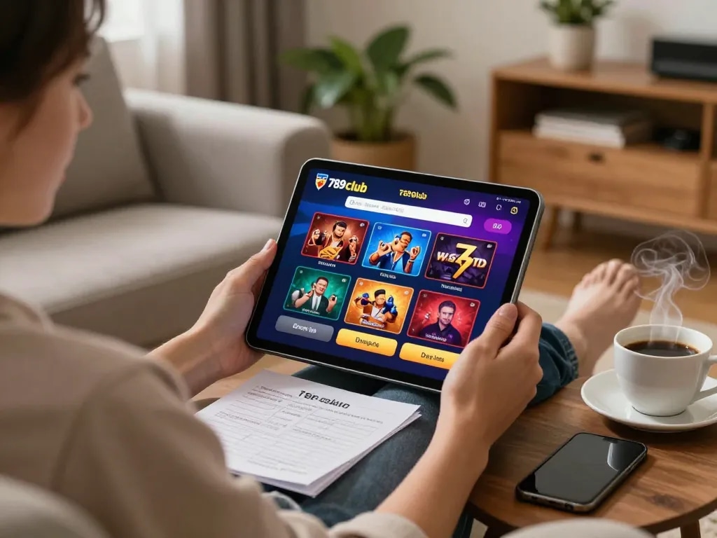 Player engaging with 789club online casino app on tablet in a cozy home setting.