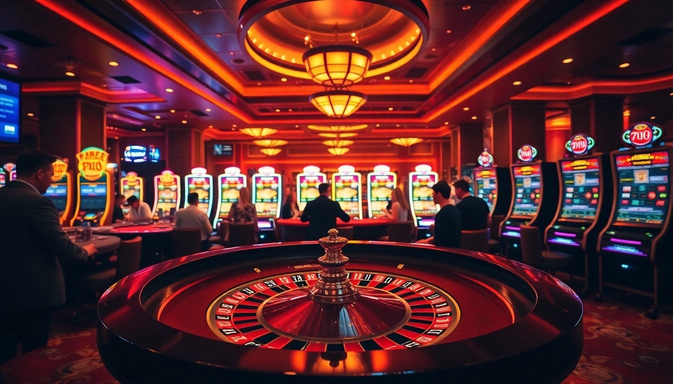Players enjoying a glamorous casino experience at 789P, featuring roulette and vibrant slot machines.