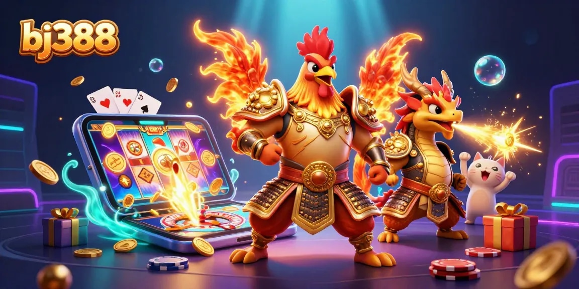 Engage in thrilling gameplay with bj388, featuring an epic rooster warrior and dragon by casino elements.