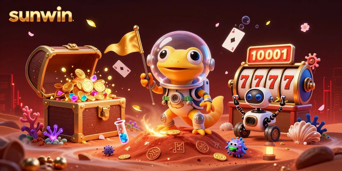 Experience the thrill of sunwin with a Martian gecko discovering a golden casino on Mars.