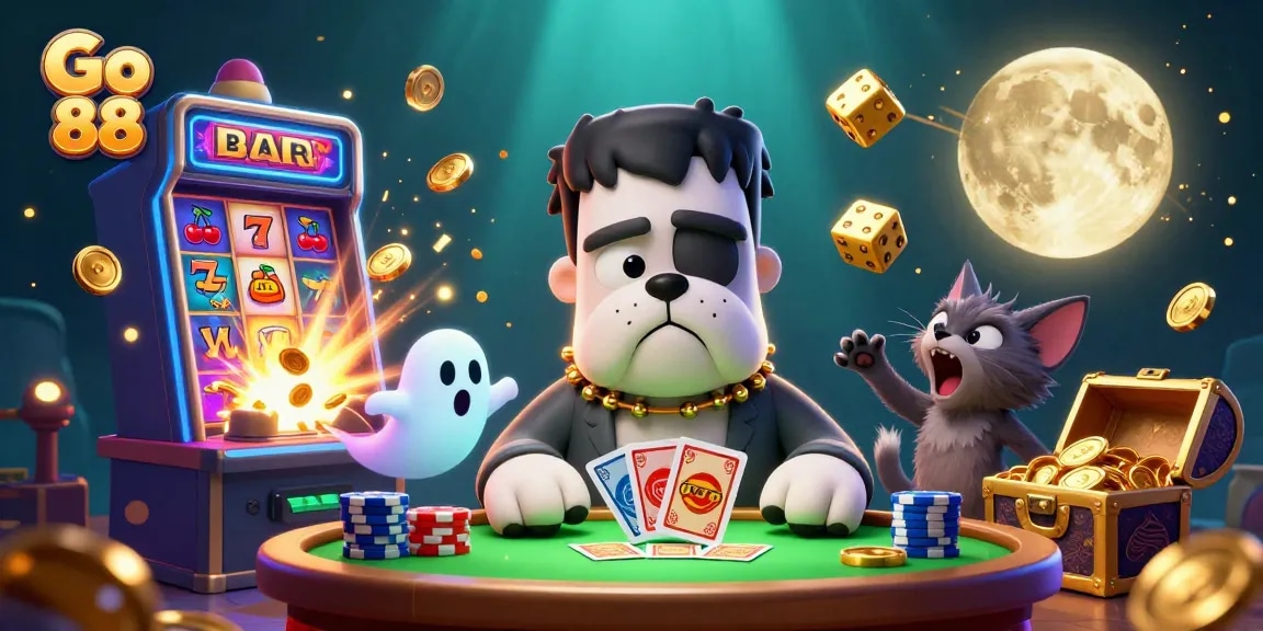 Experience thrilling gameplay at Go 88 with a colorful casino scene featuring vibrant characters and action-packed elements.