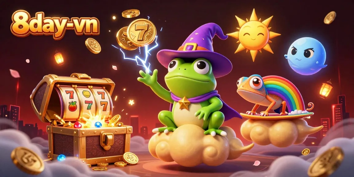 Engage with 8day-vn's thrilling gaming world through a vibrant and rich casino illustration featuring dynamic characters and slot elements.