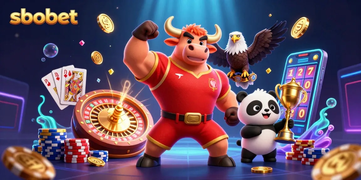 Experience thrilling sports betting at sbobet with a victorious bull mascot and sparkling casino elements.