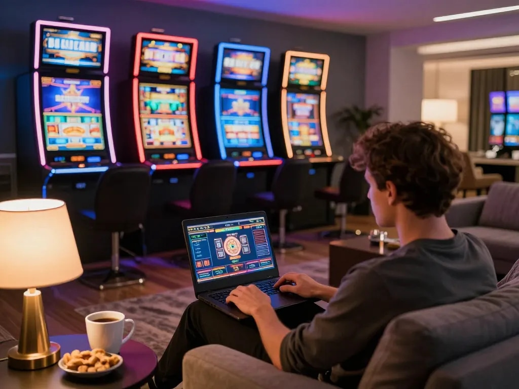 Play exciting online slots on a laptop, highlighting situs slot gacor for instant wins and strategic gameplay.